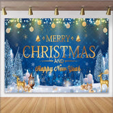 Lofaris Blue Merry Christmas and Happy New Year Backdrop Gold Ornaments String Lights Winter Night Background Holiday Party