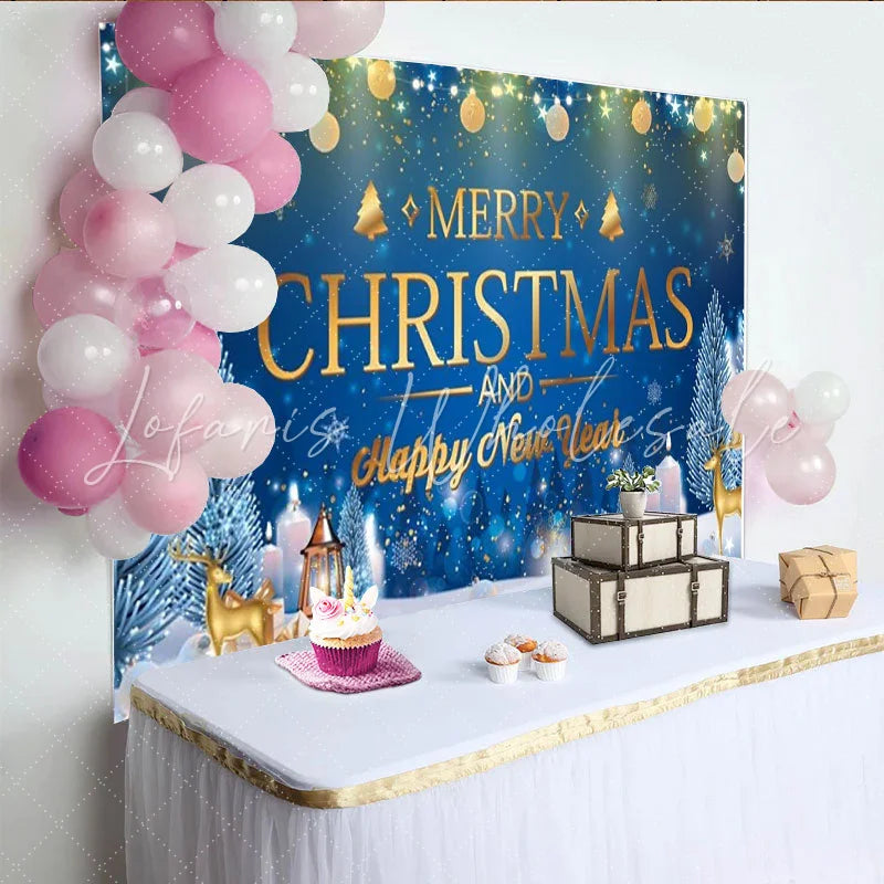 Lofaris Blue Merry Christmas and Happy New Year Backdrop Gold Ornaments String Lights Winter Night Background Holiday Party