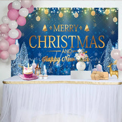 Lofaris Blue Merry Christmas and Happy New Year Backdrop Gold Ornaments String Lights Winter Night Background Holiday Party