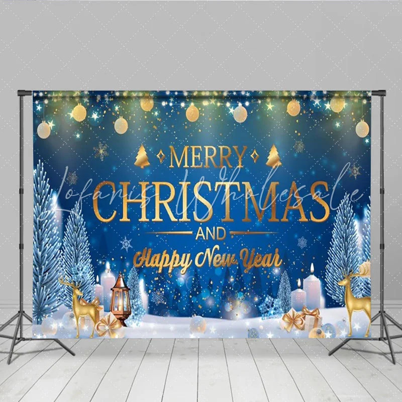 Lofaris Blue Merry Christmas and Happy New Year Backdrop Gold Ornaments String Lights Winter Night Background Holiday Party