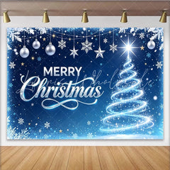 Lofaris Blue Merry Christmas Holiday Backdrop with Glowing Tree and Snowflakes Festive Winter Background for Party Decor