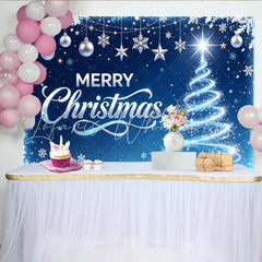 Lofaris Blue Merry Christmas Holiday Backdrop with Glowing Tree and Snowflakes Festive Winter Background for Party Decor