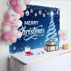 Lofaris Blue Merry Christmas Holiday Backdrop with Glowing Tree and Snowflakes Festive Winter Background for Party Decor