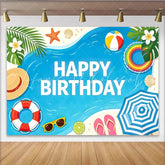 Lofaris Blue Ocean Beach Happy Birthday Backdrop with Palm Leaves and Starfish Summer Party Photography Background for Kids and Adults