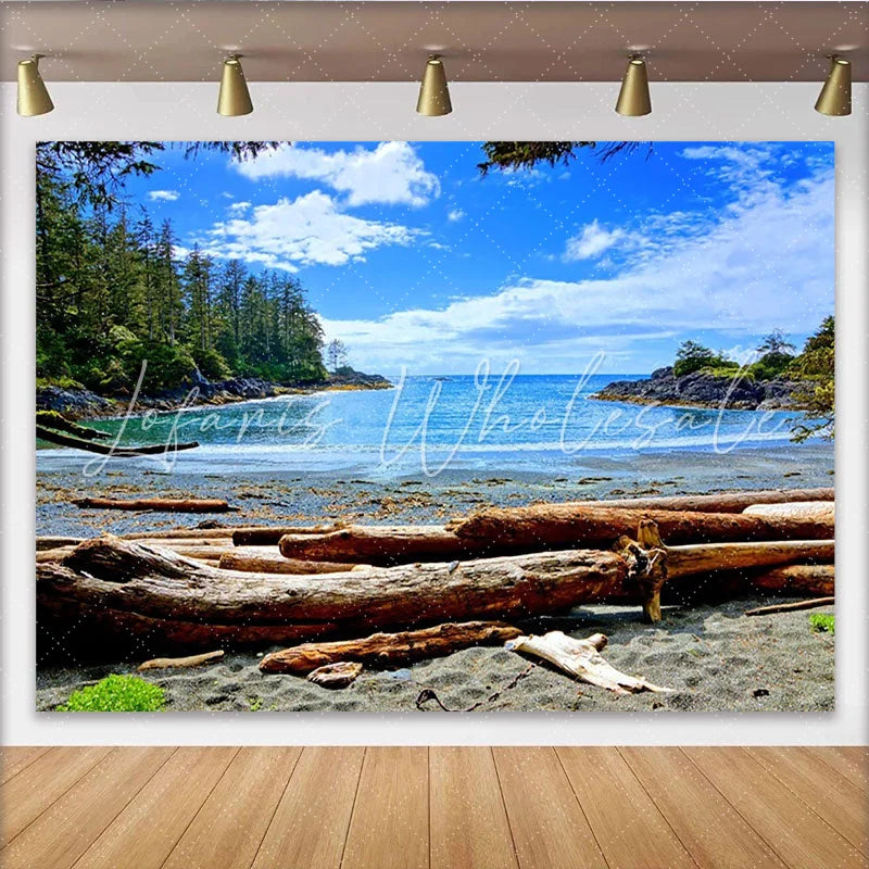 Lofaris Blue Ocean Beach Natural Scenery Photography Backdrop with Driftwood and Green Forest Summer Vacation Studio Background