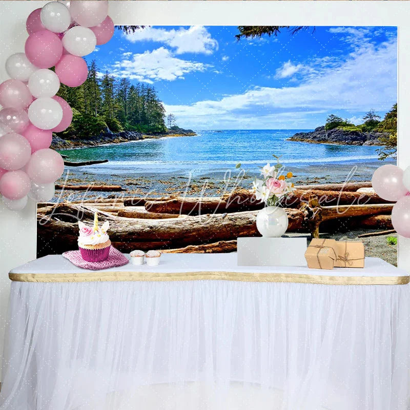 Lofaris Blue Ocean Beach Natural Scenery Photography Backdrop with Driftwood and Green Forest Summer Vacation Studio Background
