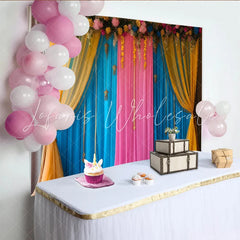 Lofaris Blue Pink Stage Backdrop Yellow Swag Curtains and Golden Tassels Floral Party Banner