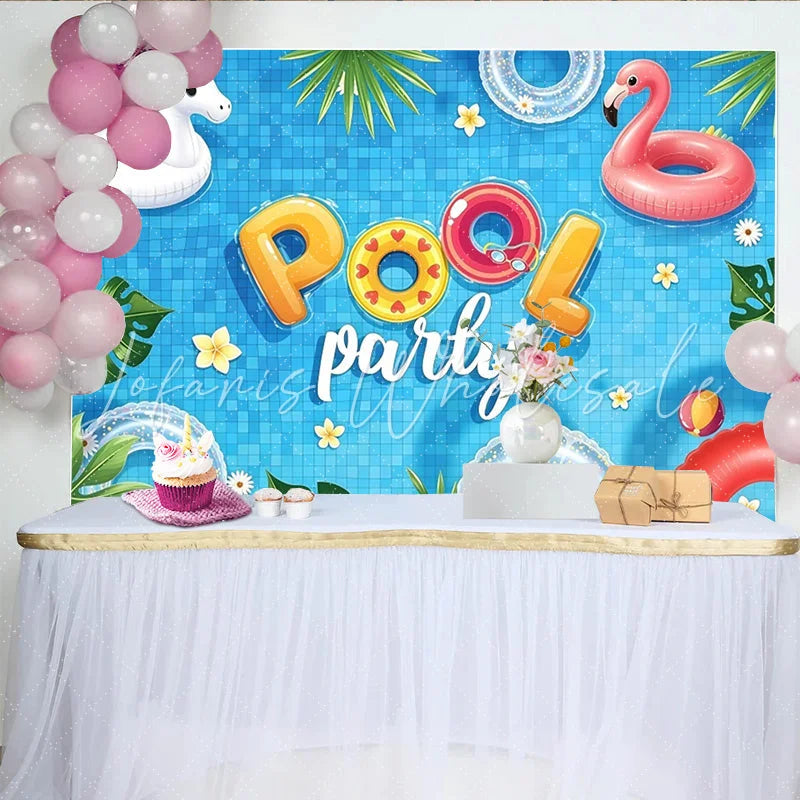 Lofaris Blue Pool Party Backdrop with Unicorn and Flamingo Floats Fun Summer Background for Celebration Photoshoot