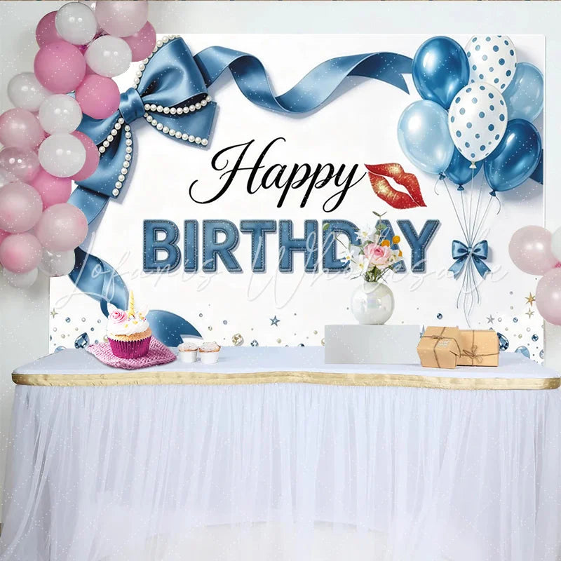 Lofaris Blue Ribbon Birthday Backdrop with Pearls Balloons and Sparkling Gems Elegant Party Background for Photoshoot and Celebration