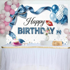 Lofaris Blue Ribbon Birthday Backdrop with Pearls Balloons and Sparkling Gems Elegant Party Background for Photoshoot and Celebration