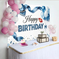 Lofaris Blue Ribbon Birthday Backdrop with Pearls Balloons and Sparkling Gems Elegant Party Background for Photoshoot and Celebration