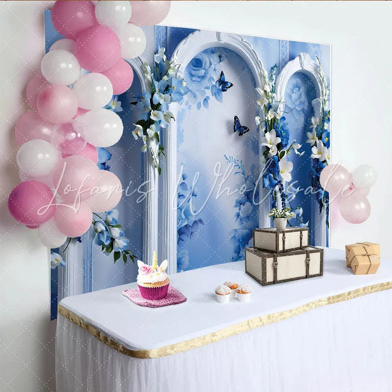 Lofaris Blue Rose Garden Fine Art Backdrop White Ornate Arch Photography Background