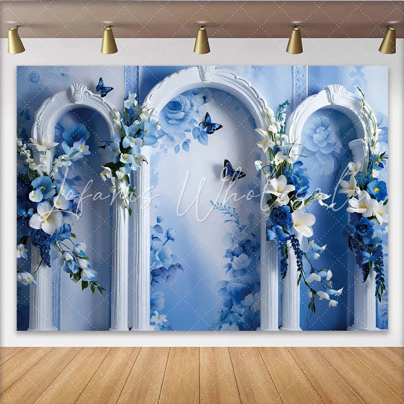 Lofaris Blue Rose Garden Fine Art Backdrop White Ornate Arch Photography Background