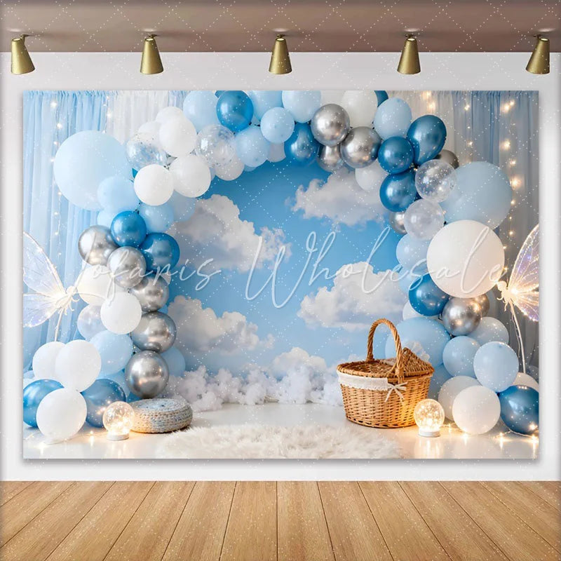 Lofaris Blue Silver Balloon Garland Sky Clouds Birthday Cake Smash Backdrop Butterfly Basket Boy Party Photography Decor