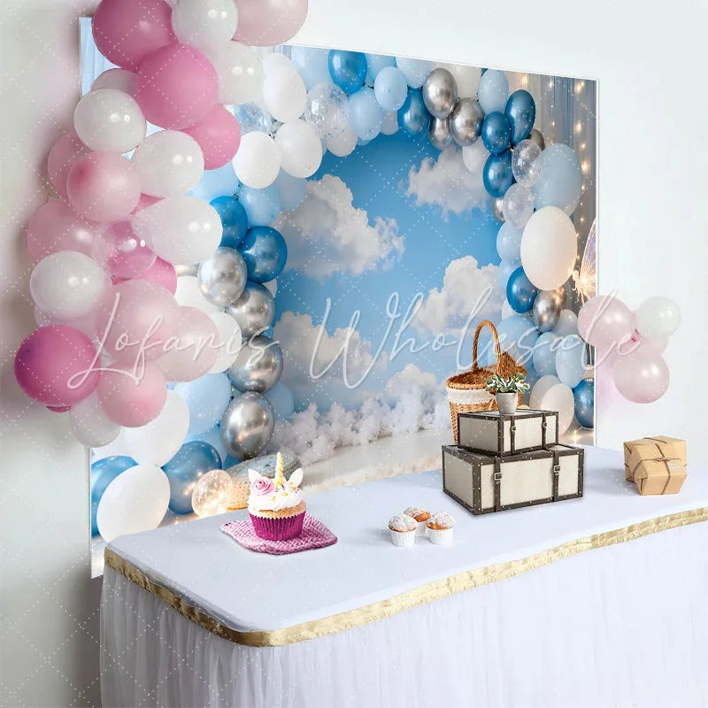 Lofaris Blue Silver Balloon Garland Sky Clouds Birthday Cake Smash Backdrop Butterfly Basket Boy Party Photography Decor