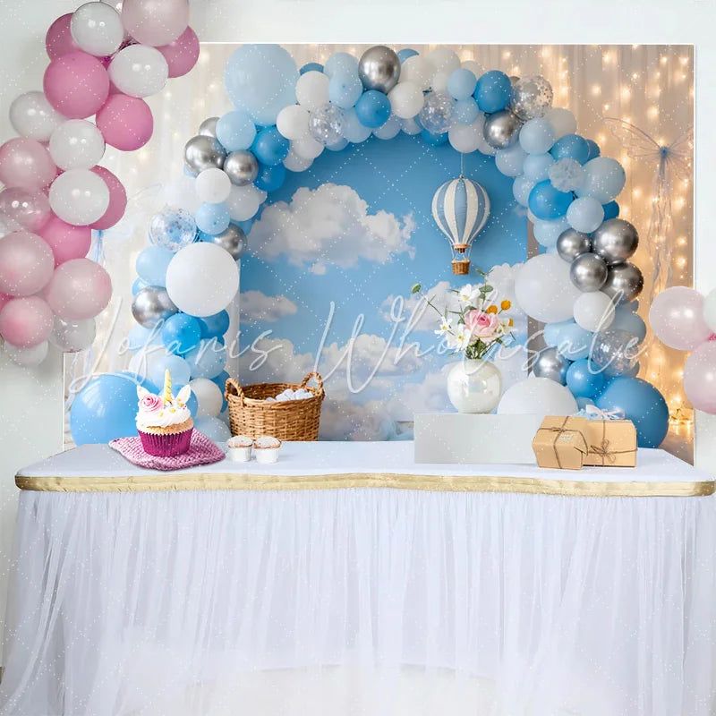 Lofaris Blue Silver Balloons Sky Clouds Birthday Cake Smash Backdrop Hot Air Balloon Boy 1st Party Photography Background Props
