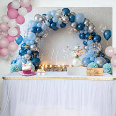 Lofaris Blue Silver Balloons White Brick Wall Birthday Cake Smash Backdrop Wooden Floor Boy Party Photography Background Decor
