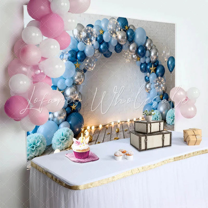 Lofaris Blue Silver Balloons White Brick Wall Birthday Cake Smash Backdrop Wooden Floor Boy Party Photography Background Decor