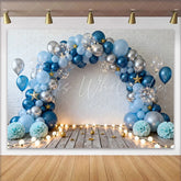 Lofaris Blue Silver Balloons White Brick Wall Birthday Cake Smash Backdrop Wooden Floor Boy Party Photography Background Decor