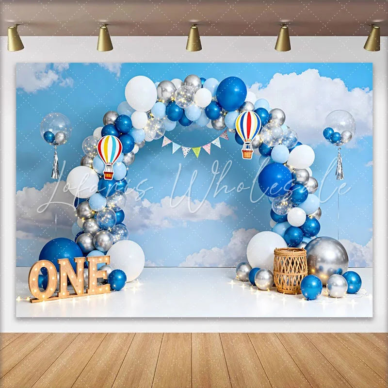 Lofaris Blue Sky Hot Air Balloon Birthday Cake Smash Backdrop ONE Marquee Sign and Clouds Background