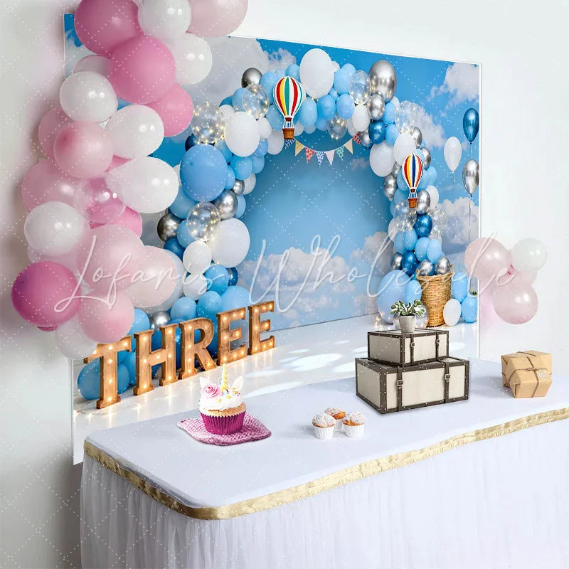 Lofaris Blue Sky Hot Air Balloon Birthday Cake Smash Backdrop THREE Marquee Sign and Clouds Background