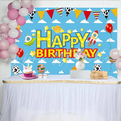 Lofaris Blue Sky Space Birthday Backdrop with Rocket UFO and Planet Colorful Balloons and Stars Party Background for Kids Photoshoot