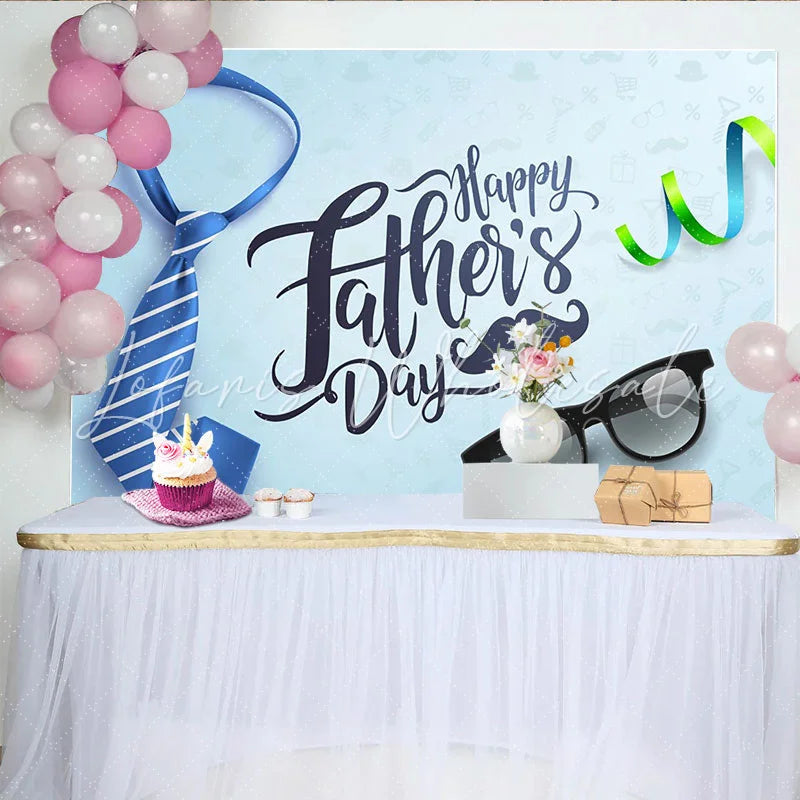 Lofaris Blue Striped Tie Fathers Day Backdrop with Sunglasses and Mustache Light Blue Holiday Background for Party Decor
