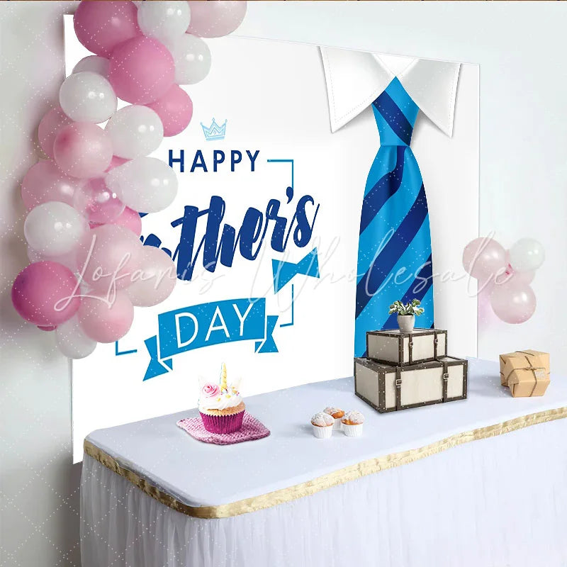 Lofaris Blue Striped Tie Happy Father’s Day Backdrop with White Collar Elegant Background for Dad’s Special Day Celebration