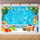 Lofaris Blue Summer Pool Party Photography Backdrop with Tropical Leaves and String Lights Vibrant Photo Background for Vacation Decor