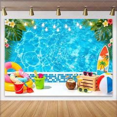 Lofaris Blue Summer Pool Party Photography Backdrop with Tropical Leaves and String Lights Vibrant Photo Background for Vacation Decor