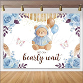 Lofaris Blue Teddy Bear Baby Shower Backdrop with Balloons Bearly Wait Elegant Floral Background for Newborn Party Decor