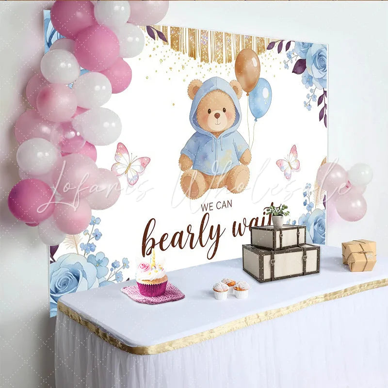 Lofaris Blue Teddy Bear Baby Shower Backdrop with Balloons Bearly Wait Elegant Floral Background for Newborn Party Decor