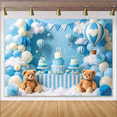 Lofaris Blue Teddy Bear Hot Air Balloon Baby Shower Backdrop with Clouds and Balloons Dreamy Photography Background for Boy Party Decor
