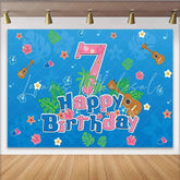 Lofaris Blue Tropical 7th Birthday Backdrop with Ukuleles and Hibiscus Flowers Hawaiian Party Photography Background Decor