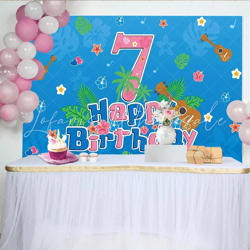 Lofaris Blue Tropical 7th Birthday Backdrop with Ukuleles and Hibiscus Flowers Hawaiian Party Photography Background Decor