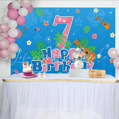 Lofaris Blue Tropical 7th Birthday Backdrop with Ukuleles and Hibiscus Flowers Hawaiian Party Photography Background Decor