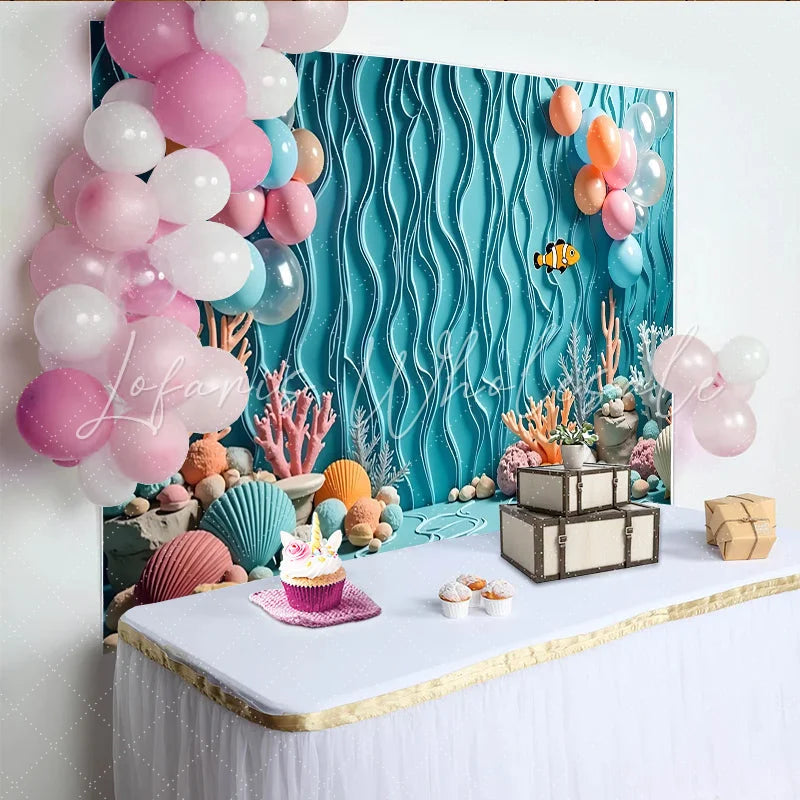 Lofaris Blue Under The Sea Birthday Backdrop with Clownfish and Coral Colorful Balloons Ocean Theme Background for Kids Party