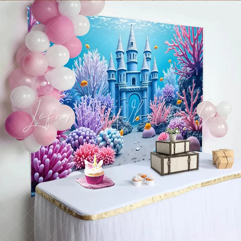 Lofaris Blue Underwater Castle Photography Backdrop with Colorful Coral Fantasy Ocean Background for Kids Party Photoshoot