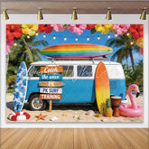 Lofaris Blue Vintage Van and Surfboard Photography Backdrop Tropical Beach Scene with Palm Trees Summer Party Decor