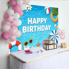 Lofaris Blue Water Summer Birthday Backdrop with Beach Ball and Tropical Leaves Vibrant Pool Party Background for Kids Photoshoot Decor