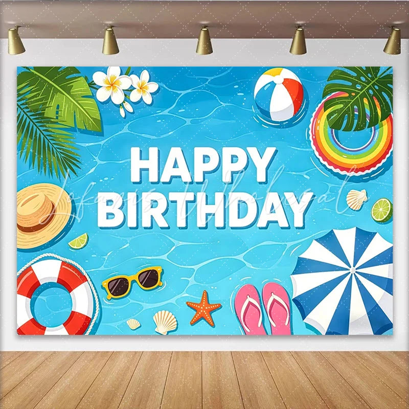 Lofaris Blue Water Summer Birthday Backdrop with Beach Ball and Tropical Leaves Vibrant Pool Party Background for Kids Photoshoot Decor