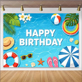 Lofaris Blue Water Summer Birthday Backdrop with Beach Ball and Tropical Leaves Vibrant Pool Party Background for Kids Photoshoot Decor