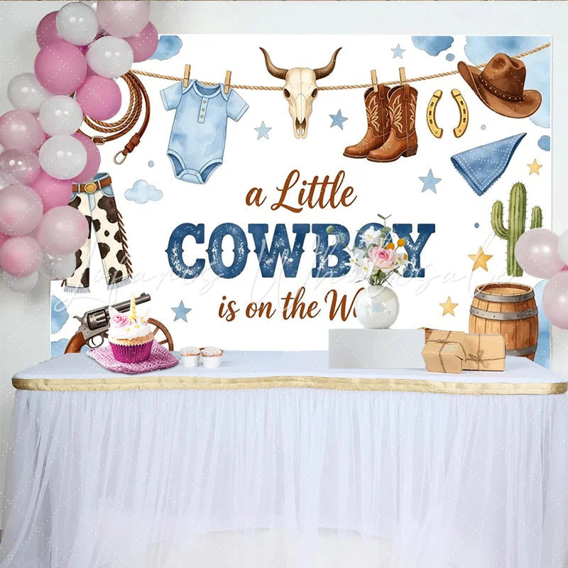 Lofaris Blue Watercolor Cowboy Baby Shower Backdrop with Boots and Hat Western Themed Photography Background for Little Boy Welcome Party