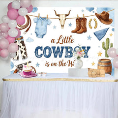 Lofaris Blue Watercolor Cowboy Baby Shower Backdrop with Boots and Hat Western Themed Photography Background for Little Boy Welcome Party