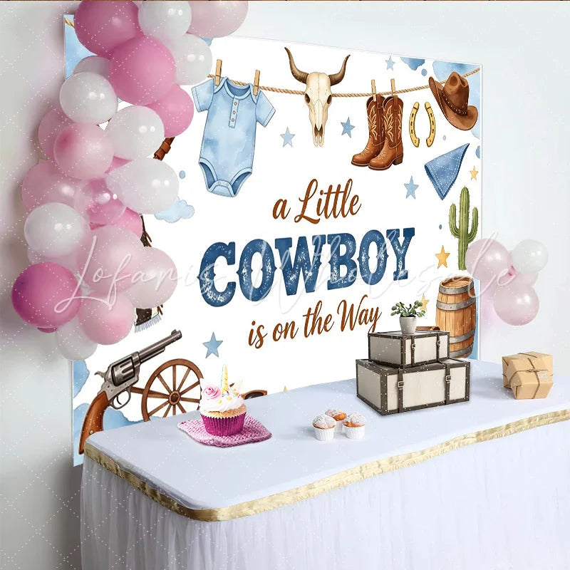 Lofaris Blue Watercolor Cowboy Baby Shower Backdrop with Boots and Hat Western Themed Photography Background for Little Boy Welcome Party