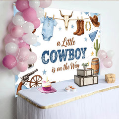 Lofaris Blue Watercolor Cowboy Baby Shower Backdrop with Boots and Hat Western Themed Photography Background for Little Boy Welcome Party