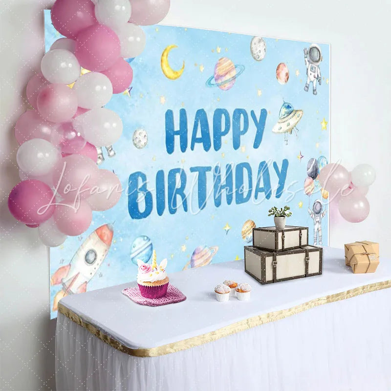 Lofaris Blue Watercolor Space Happy Birthday Backdrop featuring Astronauts Planets and a Rocket for Kids Party Decor.