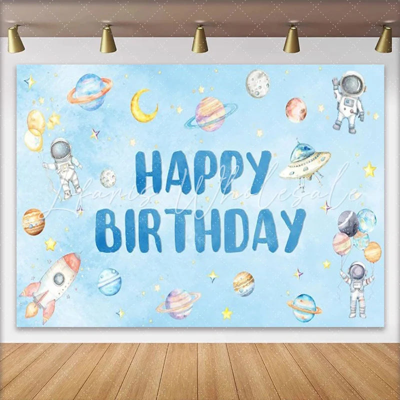 Lofaris Blue Watercolor Space Happy Birthday Backdrop featuring Astronauts Planets and a Rocket for Kids Party Decor.
