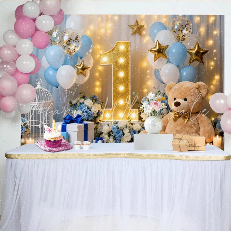 Lofaris Blue White and Gold Balloons First Birthday Party Backdrop featuring a Teddy Bear and Stars