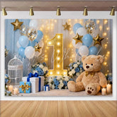 Lofaris Blue White and Gold Balloons First Birthday Party Backdrop featuring a Teddy Bear and Stars